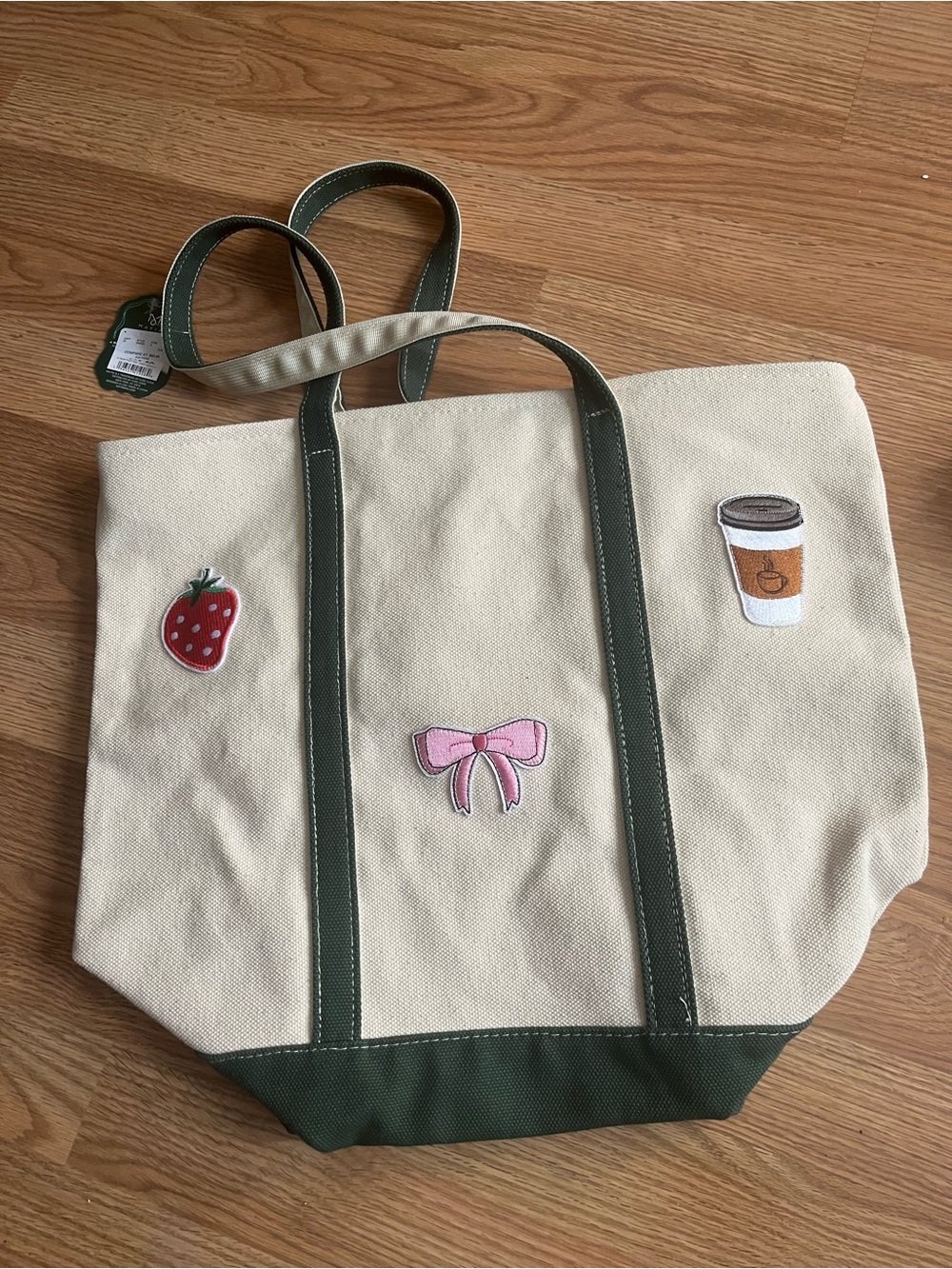 Canvas Tote Bag with Dark Green Trim and Cute Patch Accents